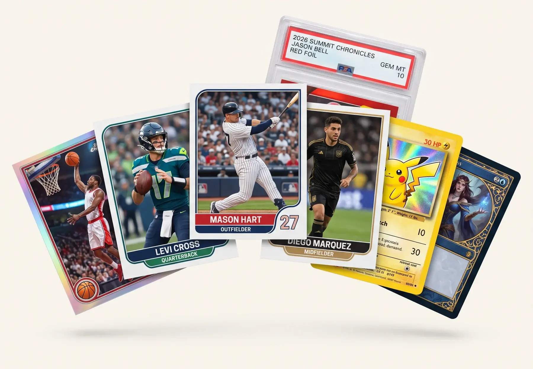 A fanned arrangement of trading cards — basketball, football, baseball, and soccer cards, a holographic creature card, a fantasy card, and a professionally graded slab.